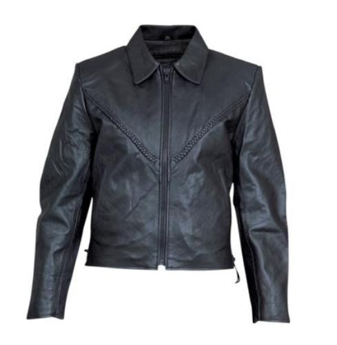 (image for) Ladies black cowhide leather jacket with braided yoke & side laces